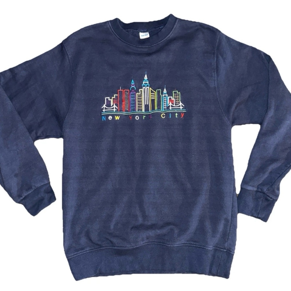 Vintage 90s Mens Small Spell Out Rainbow New York City Crewneck Sweatshirt blue